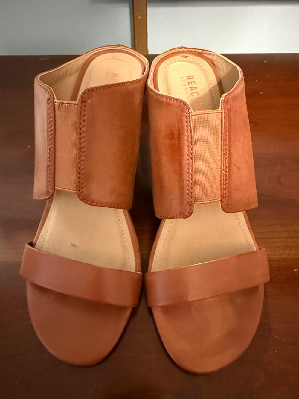 Reaction Kenneth Cole Tan Leather Slide Mules with Elastic Ankle Strap